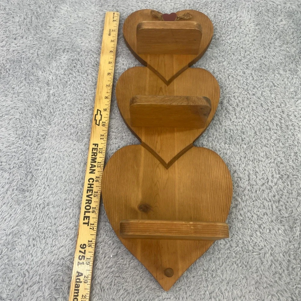 Vintage Unbranded Triple Heart Wall Shelf Brown Rustic Wood Country Farmhouse